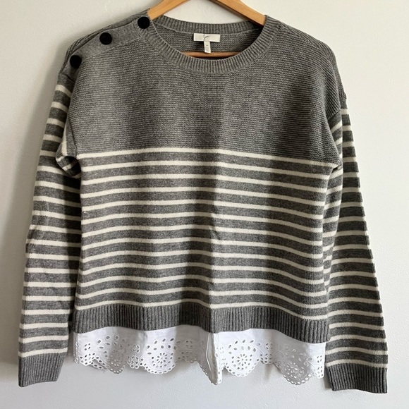 Joie Striped Scalloped Eyelet Wool Cashmere Cotton Blend Sweater - Picture 2 of 9